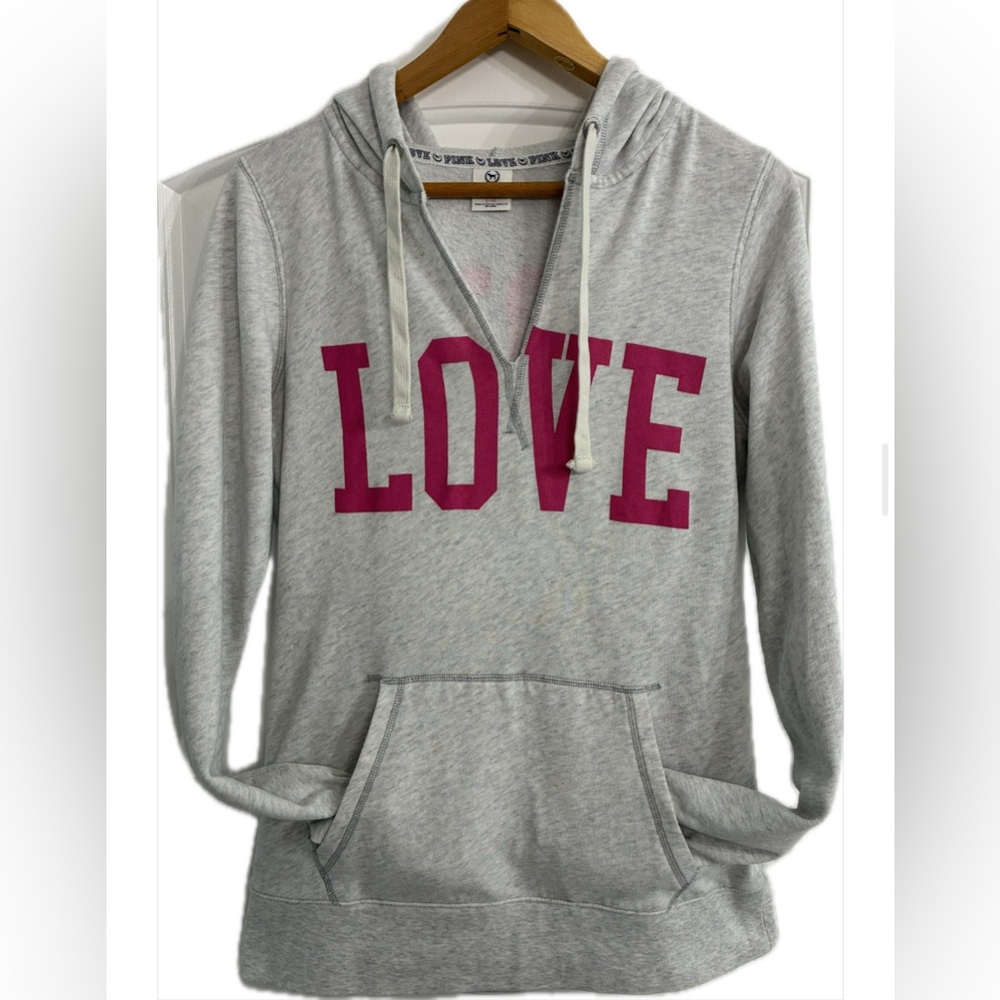 Victoria's Secret Gray Hoodie with Pink LOVE Print Sz L